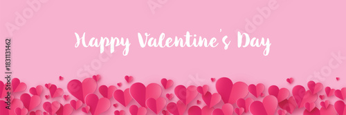 Happy Valentine’s Day greeting card with flying paper cut hearts. Banner. Vector illustration