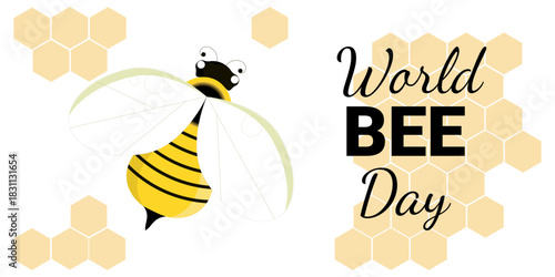 World Bee Day with honeycomb and bee. Vector template.