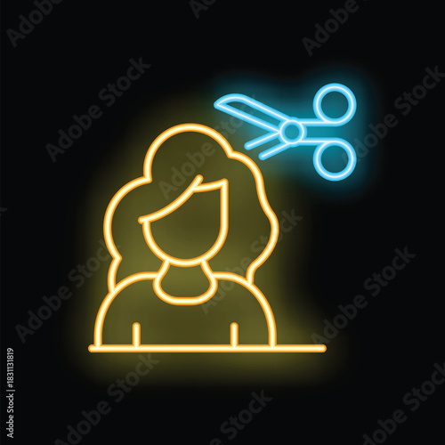 Neon sign of a woman with long hair getting a haircut with scissors