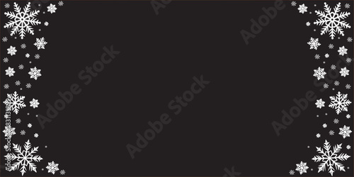 Elegant black winter background with white snowflake borders for modern seasonal designs. Stylish frosty frame ideal for Christmas cards, invitations, and festive graphics. Minimal dark backdrop 