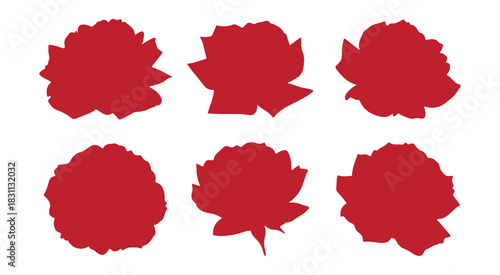 Set of six red rose flower head silhouettes isolated on