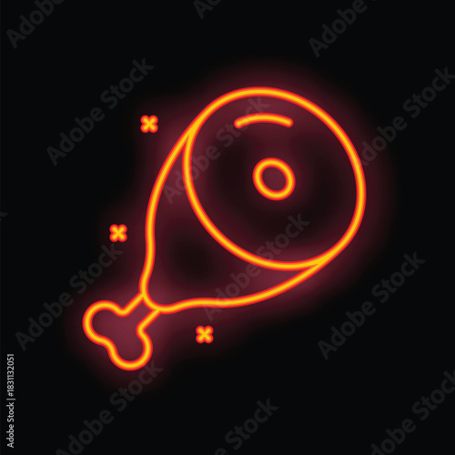 Bright neon icon of a ham on the bone glowing on a dark background