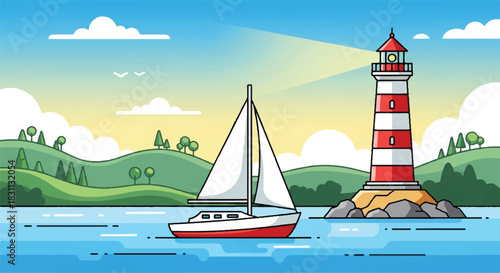 Sailboat and Lighthouse Guiding Through Calm Waters.