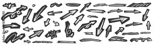 Textured scrapbook arrow graphics with scribble lines across vintage paper scraps. Arrow shapes, scrapbook elements, energetic scribble touches and paper layers deliver a handmade aesthetic.