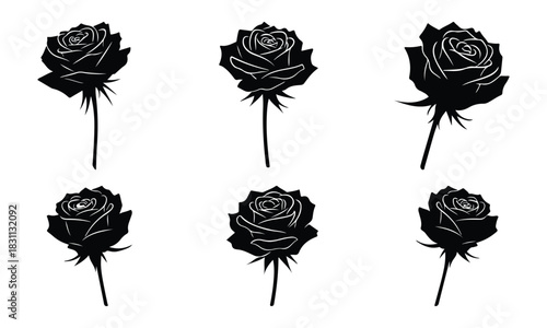 Set of six black silhouette rose flower icons with stem isolated on