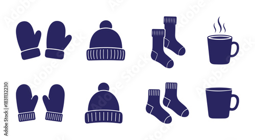 Collection of warm winter clothing and hot beverage icons isolated on