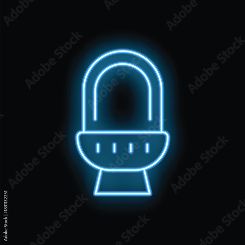 Glowing blue neon icon of a toilet on black background