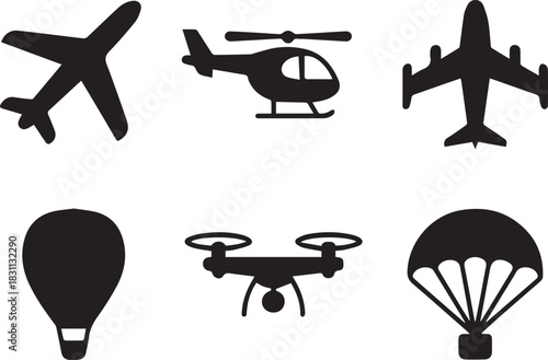 Set of air transport vector icons, including airplane, helicopter, drone, hot air balloon, jet, and glider, isolated flat or black and white design
