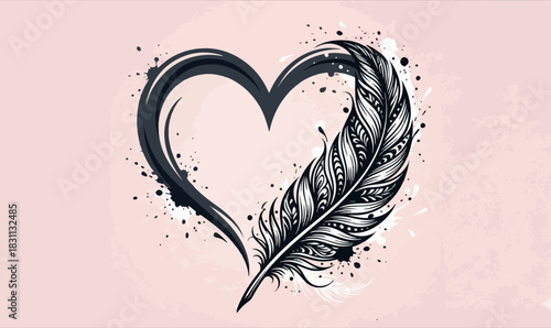 Heart and Feather Illustration, Minimalist Elegant Graphic Design, heart illustration, feather artwork, minimalist heart design, elegant graphic design, black and white feather, stylized heart icon, 