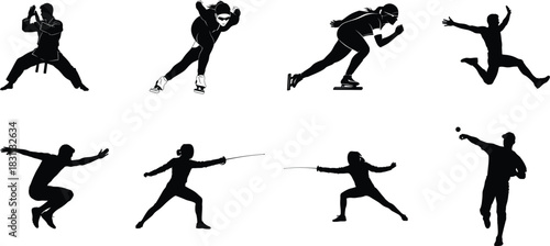 Silhouettes of diverse athletes performing various sports on white background
