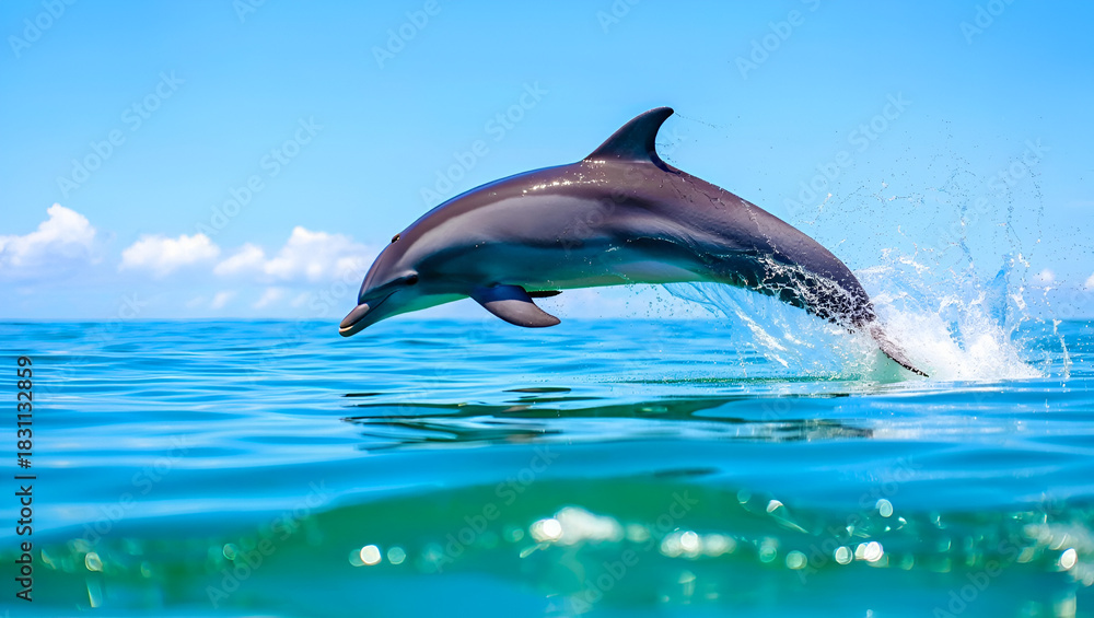 Obraz premium Graceful dolphin leaping high out of the clear blue ocean water with a dynamic splash on a sunny day.