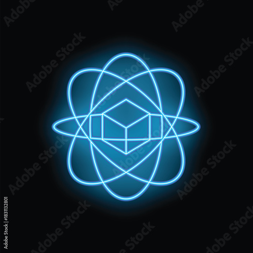 Blue neon icon of a cube rotating around its axis, symbolizing scientific research, innovation, and progress