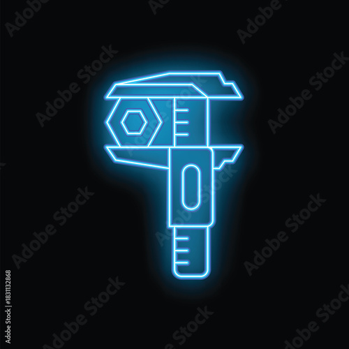 Glowing blue caliper measuring a hex nut, perfect for illustrating concepts of precision, engineering, and measurement