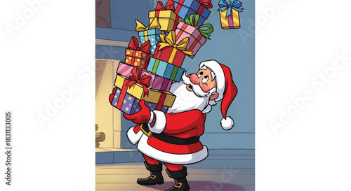 Santa Claus Carrying a Stack of Christmas Presents.