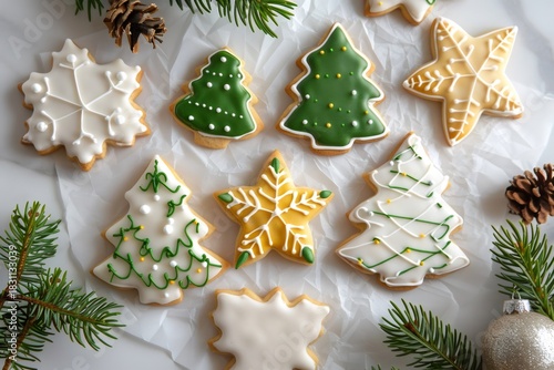 Christmas cookies decorated with royal icing and festive shapes