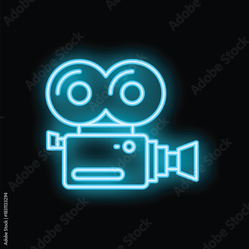 Blue neon sign depicting a vintage movie camera is glowing on a black background
