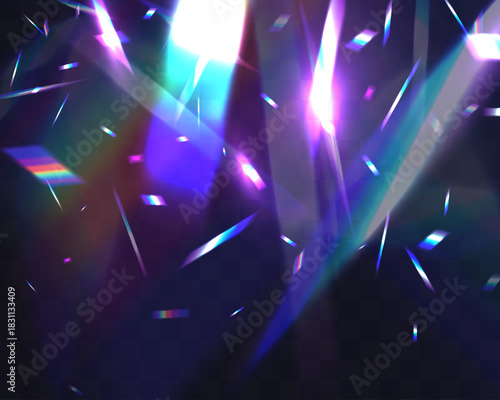 Crystal light leak with iridescent prism streaks, neon rainbow glare and holographic reflections. Shimmering crystal shards and radiant lens flares create a vibrant futuristic abstract overlay.