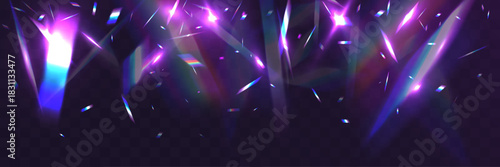 Crystal light leak with iridescent prism streaks, neon rainbow glare and holographic reflections. Shimmering crystal shards and radiant lens flares create a vibrant futuristic abstract overlay.