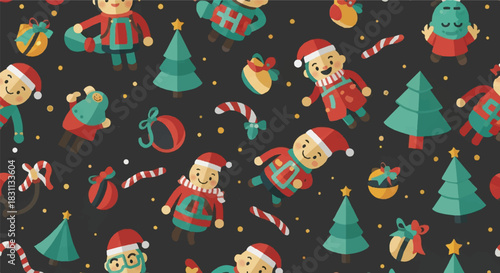 Cute Christmas Characters and Festive Ornaments Seamless Pattern.