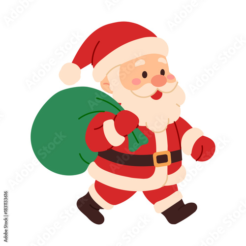 A cartoon character dressed as Santa Claus is walking down the street with a green bag. He is smiling and he is in a good mood