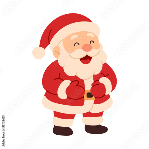 A cartoonish image of Santa Claus with a big smile on his face. He is wearing a red suit and a red hat