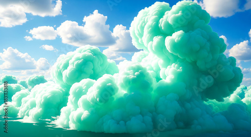 Dreamy turquoise clouds billow under a vibrant blue sky dotted with white cumulus; the fluffy forms create an imaginative, surreal landscape with soft lighting and bold contrast.