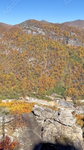 Aerial view of Chimney Rock and Lake Lure North Carolina viewed in the fall season.  A scenic travel destination. 