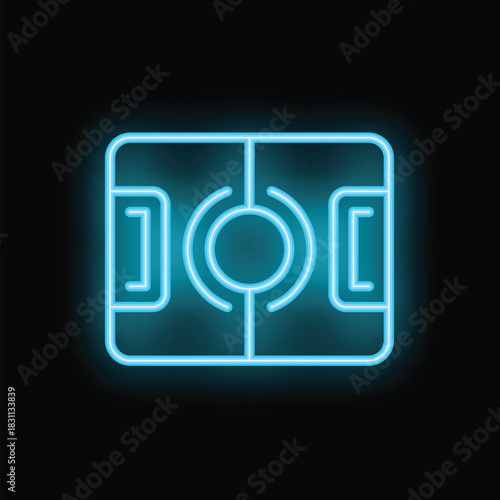 Bright blue neon sign in the shape of a soccer field is glowing on a black background