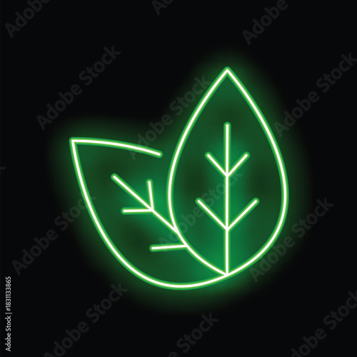 Neon sign representing two leaves, great for any project evoking nature, ecology or well being
