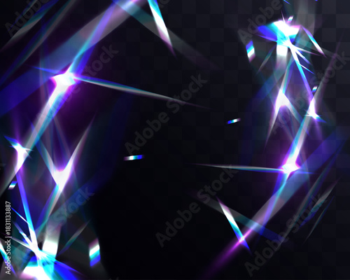Crystal light leak with iridescent prism streaks, neon rainbow glare and holographic reflections. Shimmering crystal shards and radiant lens flares create a vibrant futuristic abstract overlay.
