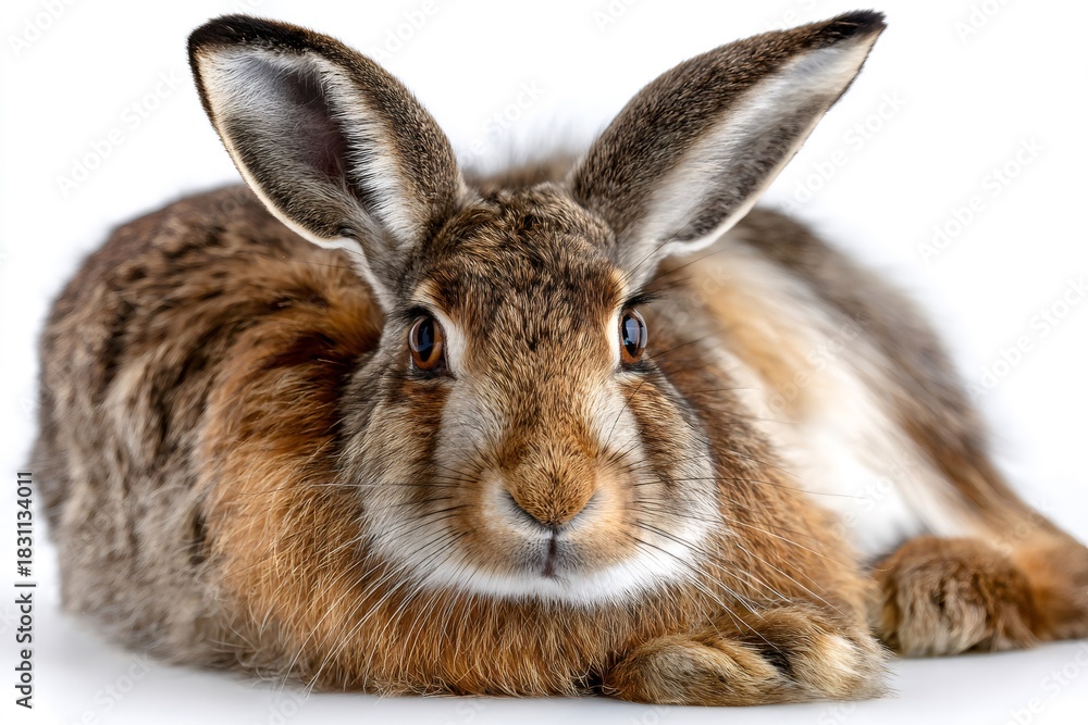 Fototapeta premium Brown hare lying down looking at camera