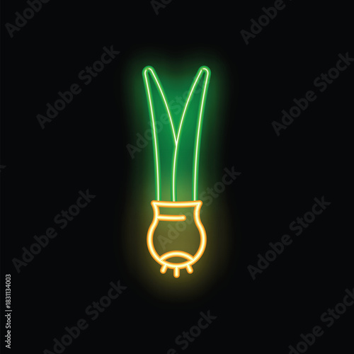 Neon sign of green onion growing in a pot, representing healthy food, vegan food, or grocery store