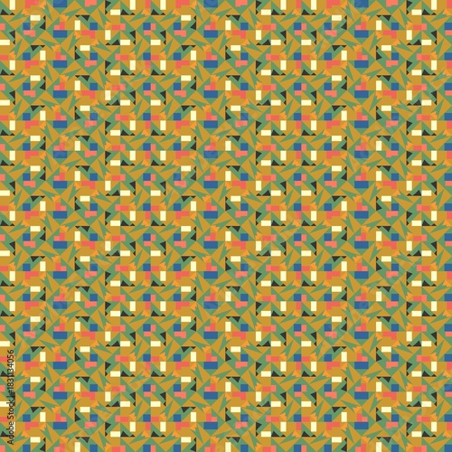 Background with various geometric shapes in the colors pale yellow, army green, desert blue,  gold and orange