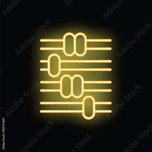 Bright yellow neon icon of a mixing board glowing on a black background, representing music production
