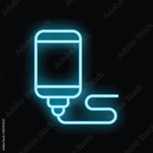 Bright glowing blue neon medical intravenous iv saline drip bag icon on a black background