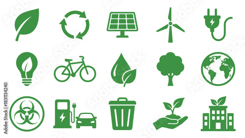 Ecology and renewable energy green icon set. Environmental protection and sustainability symbols including solar panel, wind turbine, recycling, electric car, and nature vector collection.