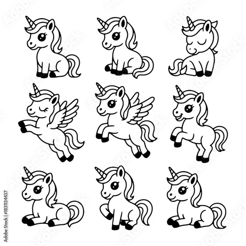 Cute unicorn illustrations in various playful poses suitable for children s art and design projects