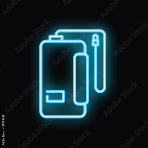 Glowing neon icon of power bank charging smartphone on black brick wall background