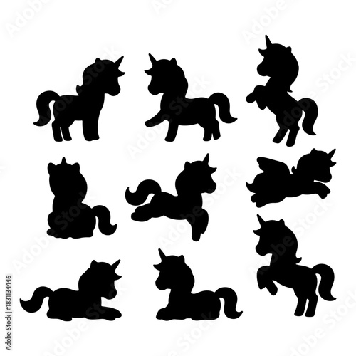 Various silhouettes of unicorns in playful poses against a white background
