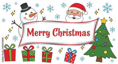 Festive Christmas scene with Santa Claus snowman gifts and tree.