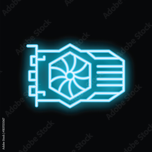 Glowing blue neon icon of a computer graphics card, highlighting the cooling fan on a black background