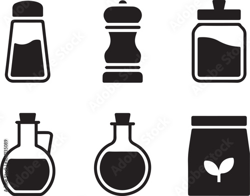 Set of bottles — vector illustrations of glass and plastic bottles, jars, and containers, isolated black and white for kitchen, beverages, and storage