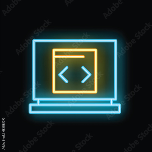 Neon computer screen showing web development code brackets icon on black background