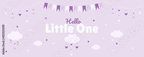 Welcome banner for a newborn baby with beautiful garlands and cute clouds in purple shades