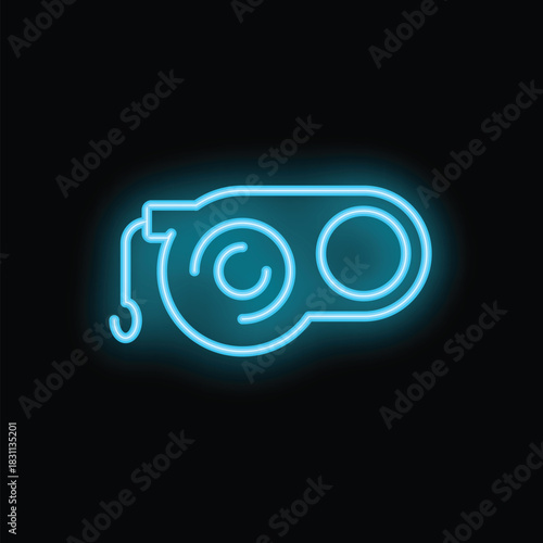 Blue neon icon of a retractable dog leash glowing on a black background