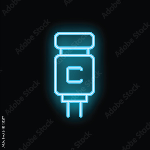 Blue neon icon of a capacitor, an electronic component that stores electrical energy, glowing brightly on a black background