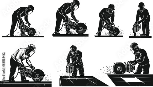 Construction worker using power saw with safety gear, cutting process step by step, industrial safety training, cad drawing flat vector illustration