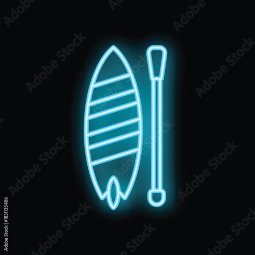 Blue neon icon of a stand up paddle board and its paddle, glowing on a black background