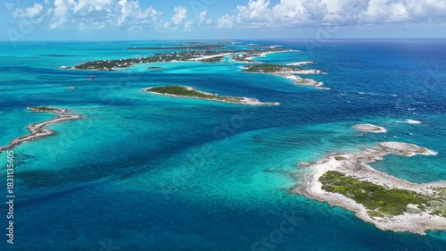 Staniel Cay At Exuma In Black Point Bahamas. Caribbean Skyline. Beach Landscape. Shades Of Blue Watercolor. Staniel Cay In Exuma In Black Point Bahamas. Nature Background.