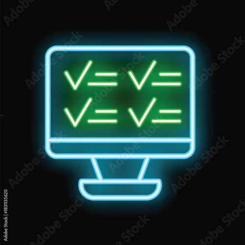 Bright blue neon computer monitor displaying multiple green check marks on a black background